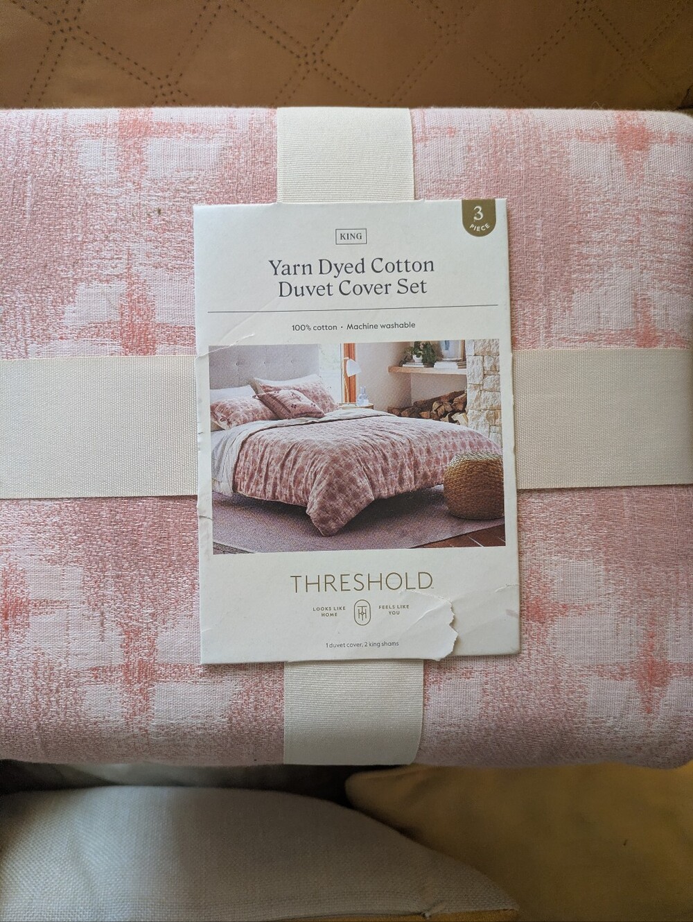 Threshold Yarn Dyed Cotton Duvet Cover Set in Light Pink and White